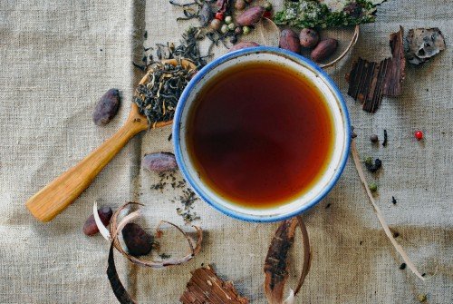Cup of Anti Ageing Infusion Tea with loose herbal tea leaves and natural botanicals.
